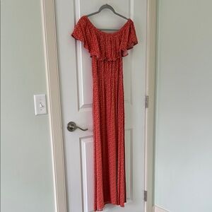 Burnt Orange Floral Off-Shoulder Maxi Dress